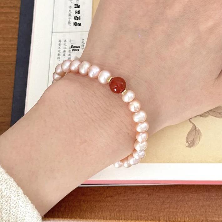 Retro Red Agate & Freshwater Pearl Beaded Friendship Bracelet