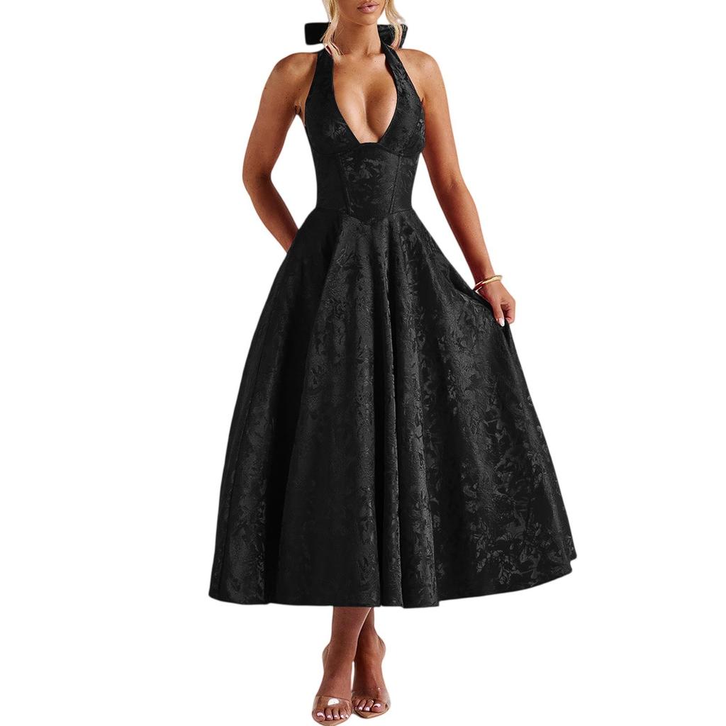 Damen V-Ausschnitt Hängender Nacken Einfarbig Hochwertiges Abendkleid Sommer Temperament Ärmellos Rückenfrei Tailliertes Kleid