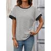 Damen Gestreiftes Waffelstrick T-Shirt Mit Kontrastbesatz Kurzarm Lässiges Rundhals-T-Shirt