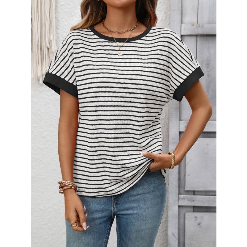 Damen Gestreiftes Waffelstrick T-Shirt Mit Kontrastbesatz Kurzarm Lässiges Rundhals-T-Shirt