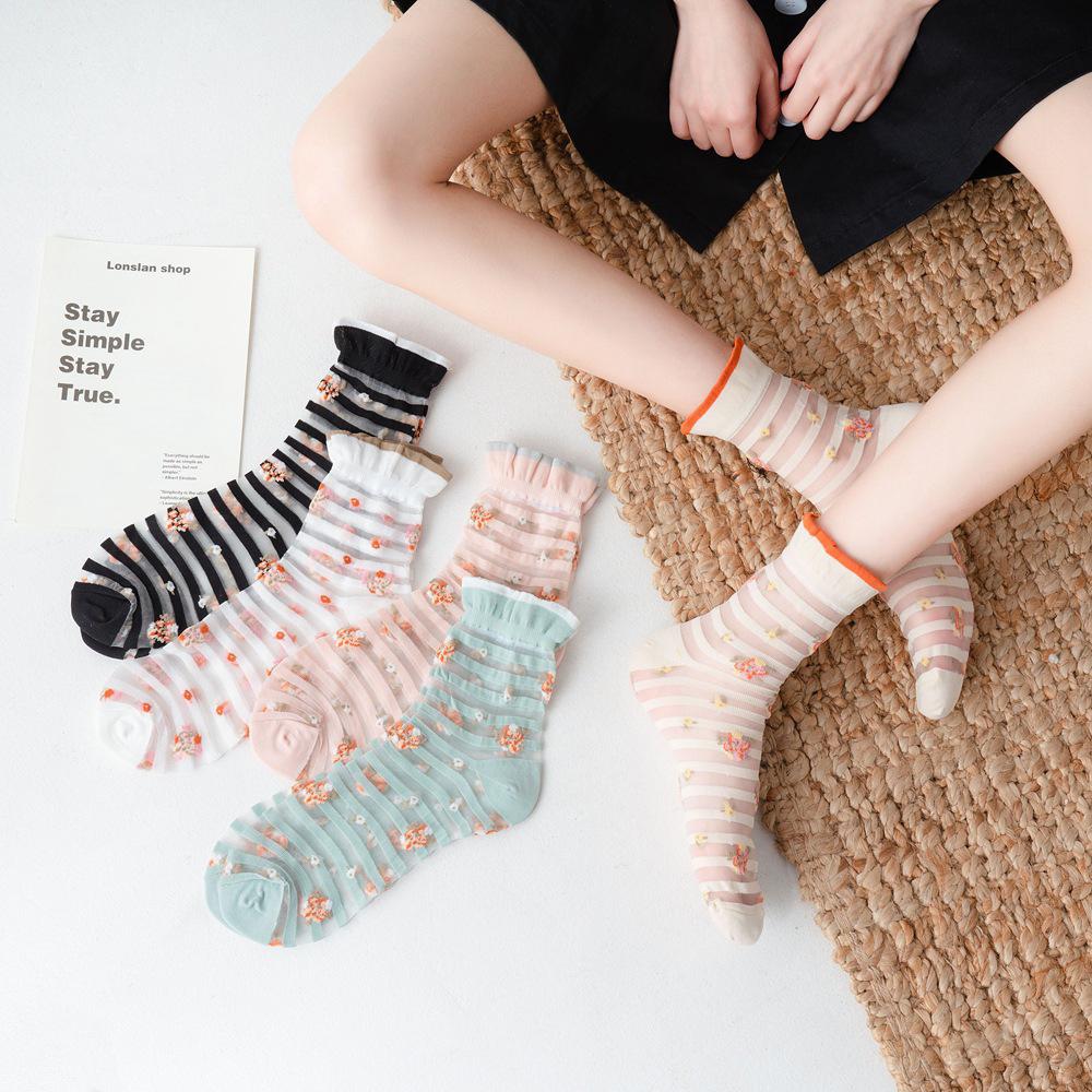 

Transparent Streetwear Ruffle Sweet Stripe Flower Socks Women Hosiery Lolita Socks Glass Silk