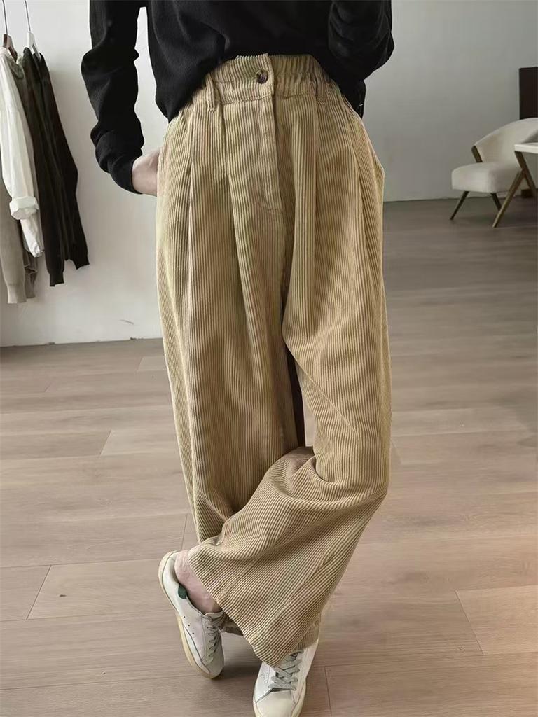 Johnature Einfache Damen Frühling Herbst Lockere Cordhosen Lässig Weitbein Gerade Elastische Taille Hose