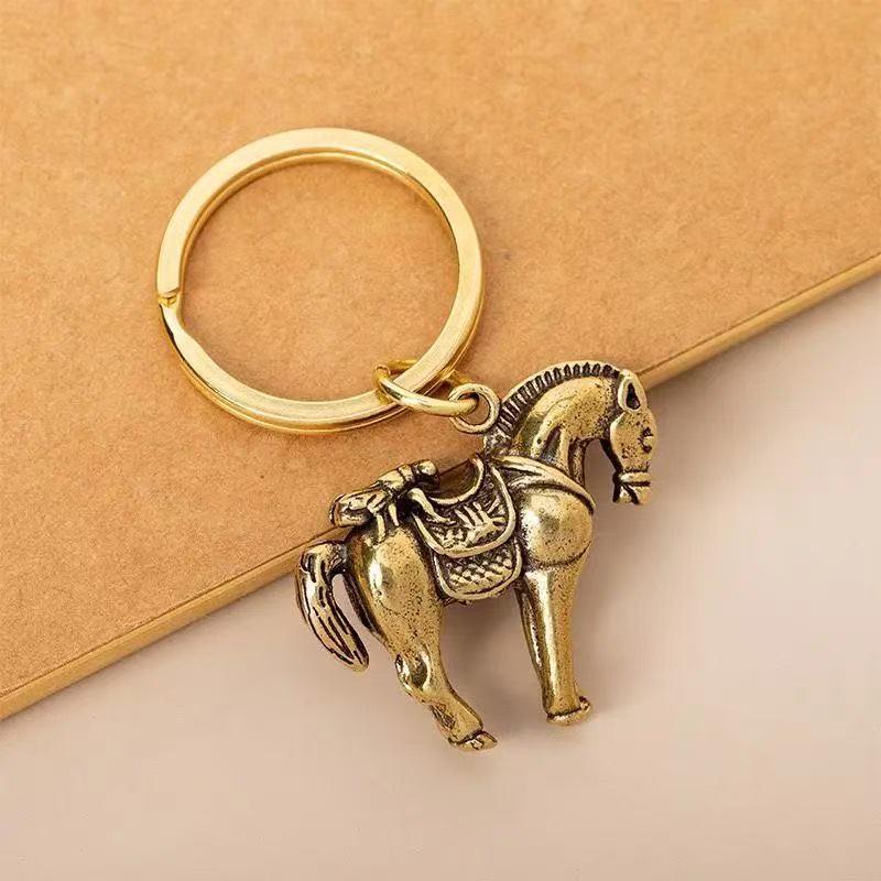 Brass Horse Wealth Keychain Pendant with Five Copper Coins - Creative Car Hanging Ornament