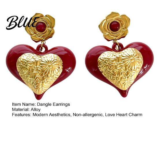 Elegant Earrings Red Heart Dangle Love Drop Sensitive Ears