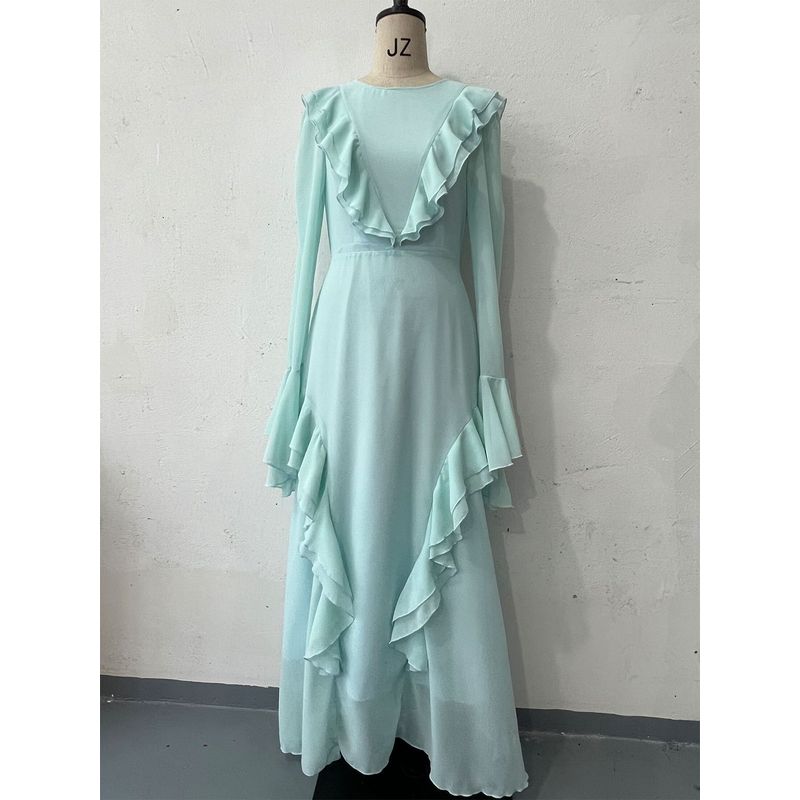 

European and American Summer Solid Mesh Hollow-out off-Neck Elegant and Delicate Dress Photography Fairy Elegant Long dress Light Blue XXL