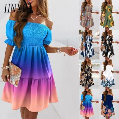 HNXC Damen Sommer Mode Ein-Schulter Kurzarm Farbverlauf Druck Rüschen Mini Kleid