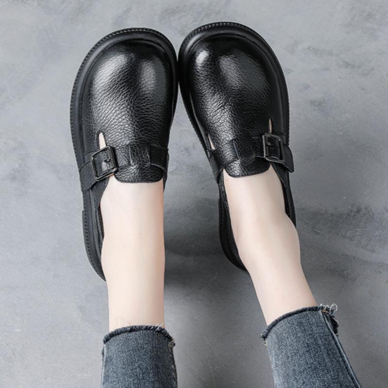 

Весенне-осенние кожаные туфли, туфли с круглым носком для широкой стопы, туфли Мэри Джейн, на толстом каблуке, женские туфли из натуральной кожи, ретро туфли 36 чёрный