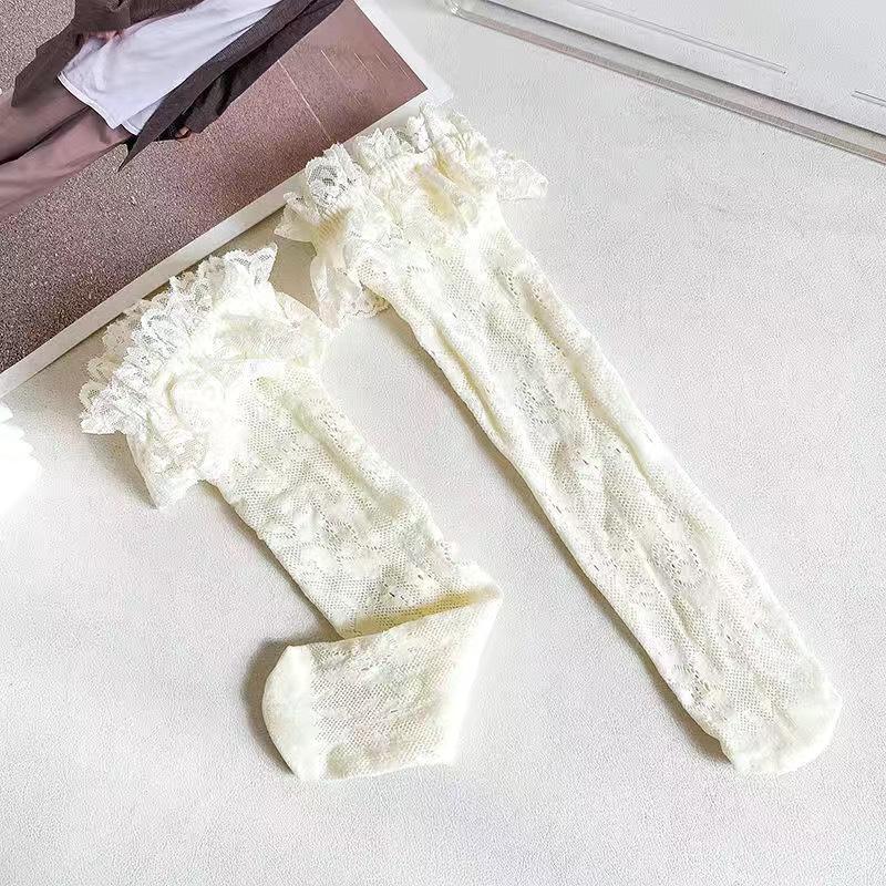 New Children Lace Stockings Bow Girl Calf Socks Summer Thin Breathable Design Beige Children Mid Tube Socks