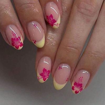 24pcs Short Oval Adhesive Fake Nails, French Short Manicure, Floral Line Art Design, Full Coverage, For Women & Girls, Y2K Style Press-On Nails