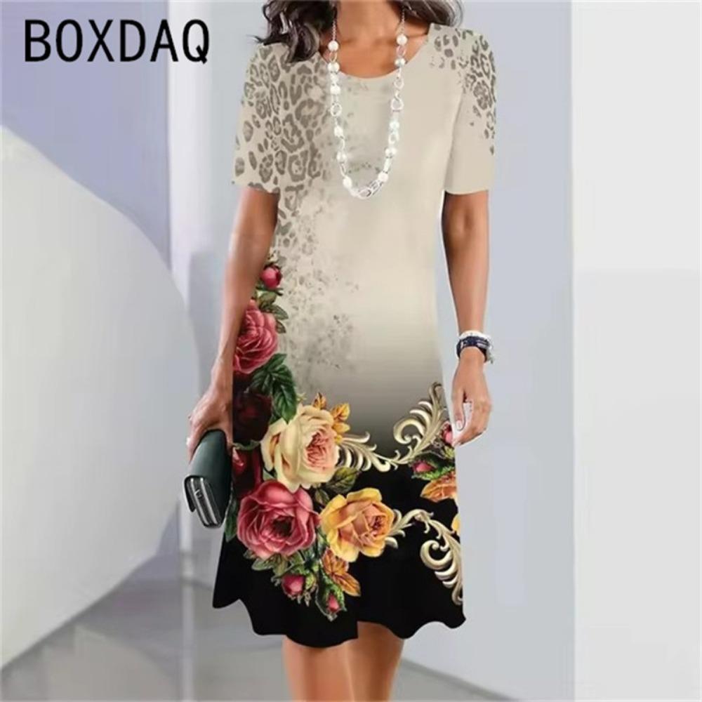 

Summer Women Short Sleeve O-Neck Casual Loose Dress Boho Floral Elegant A-Line Dresses Big Size Female Fashion Lady Clothing S