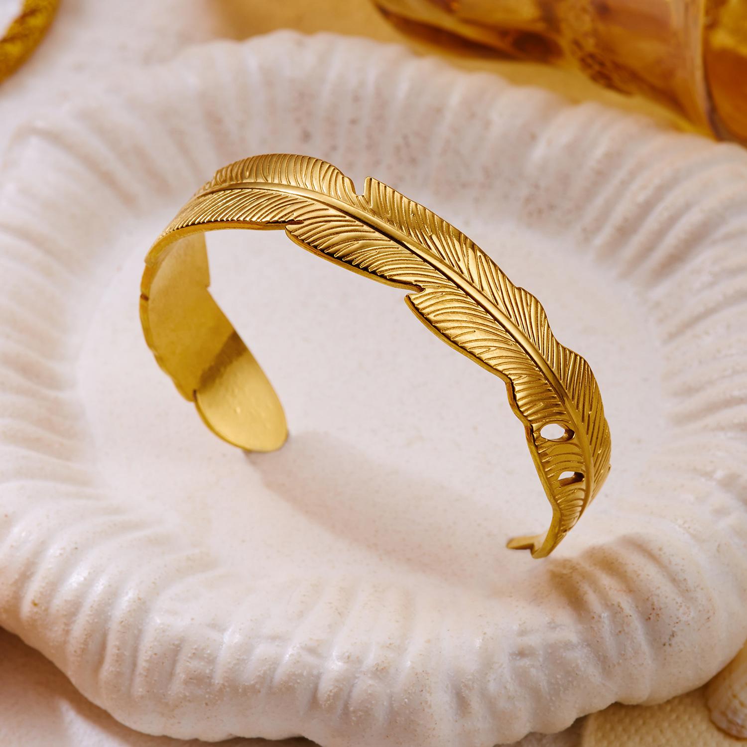 Boho Vintage Stainless Steel Feather Texture Open Cuff Bangle for Women Lightweight Nature Inspired Adjustable Bracelet