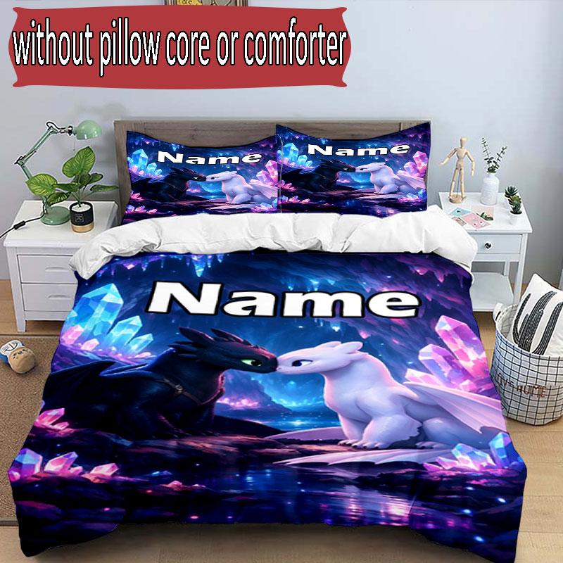 3pcs Duvet Cover Set (1*Duvet Cover + 2*Pillowcase, Without Core), Custom Name How to Train Your Dragon Pattern Bedding Set, Home Bedroom Decor Gift