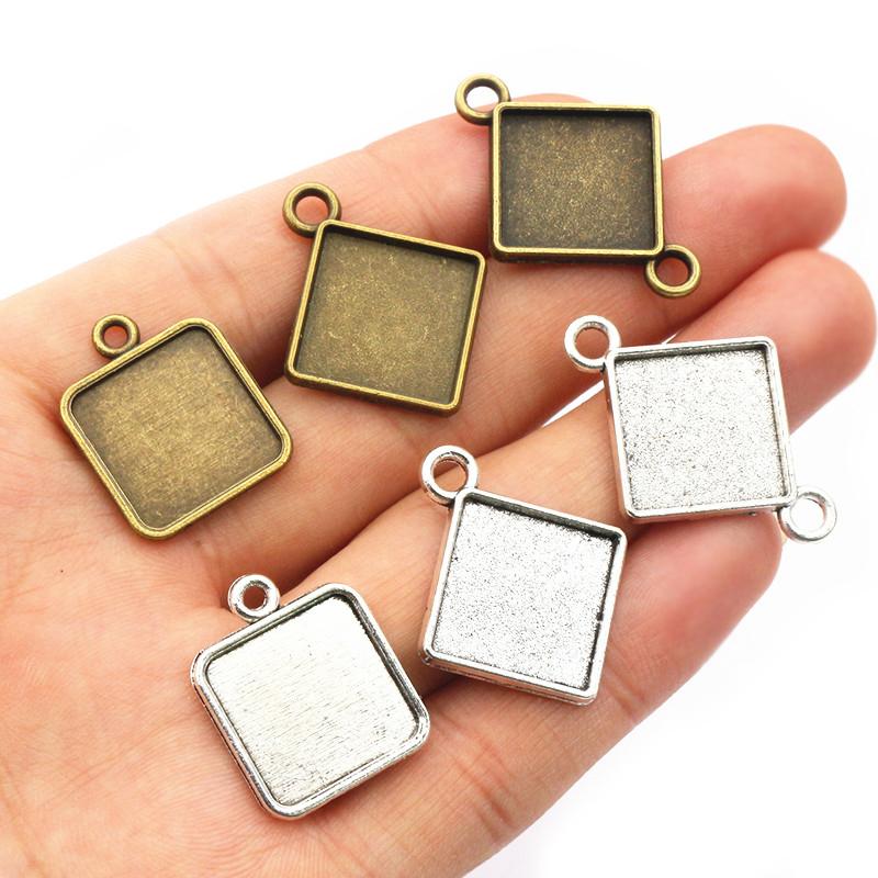 10pcs 15mm Inner Size Square Pendant Cabochon Blank Base Setting Alloy Metal Single/Double Loops DIY Jewelry Making Accessories