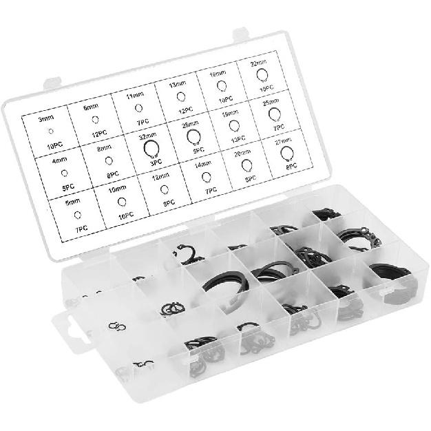 150pcs Black C-Clip Assortment Kit 3mm-32mm Internal/External Retaining Rings for Industrial Fasteners(18 Sizes with Box)