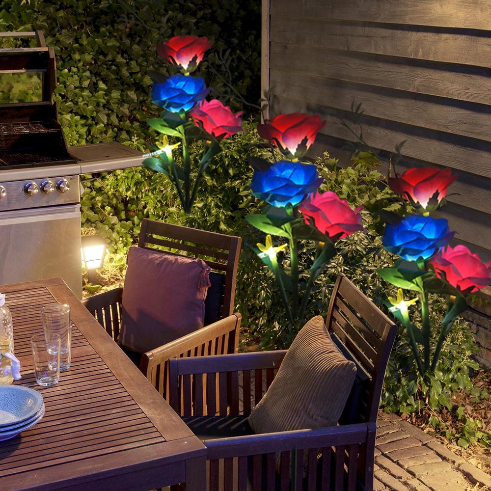 3 Heads Solar Lights Outdoor Decorative Solar Garden Lights Rose Flower Lawn Stake Lamp for Yard Patio Decor with Dragonfly