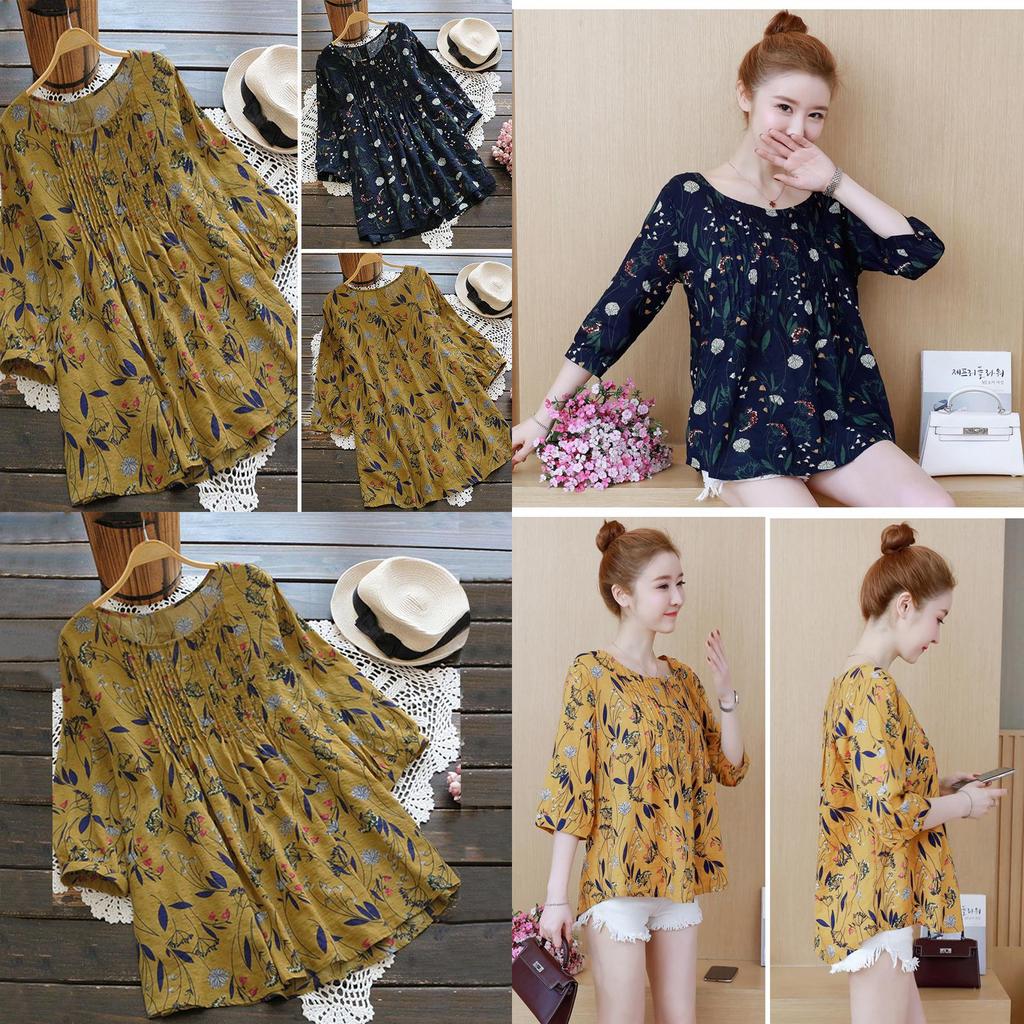 Elegant Womens Floral Print Casual Long Tops Shirt With Loose Vintage Ethnic Design And Crew Neck