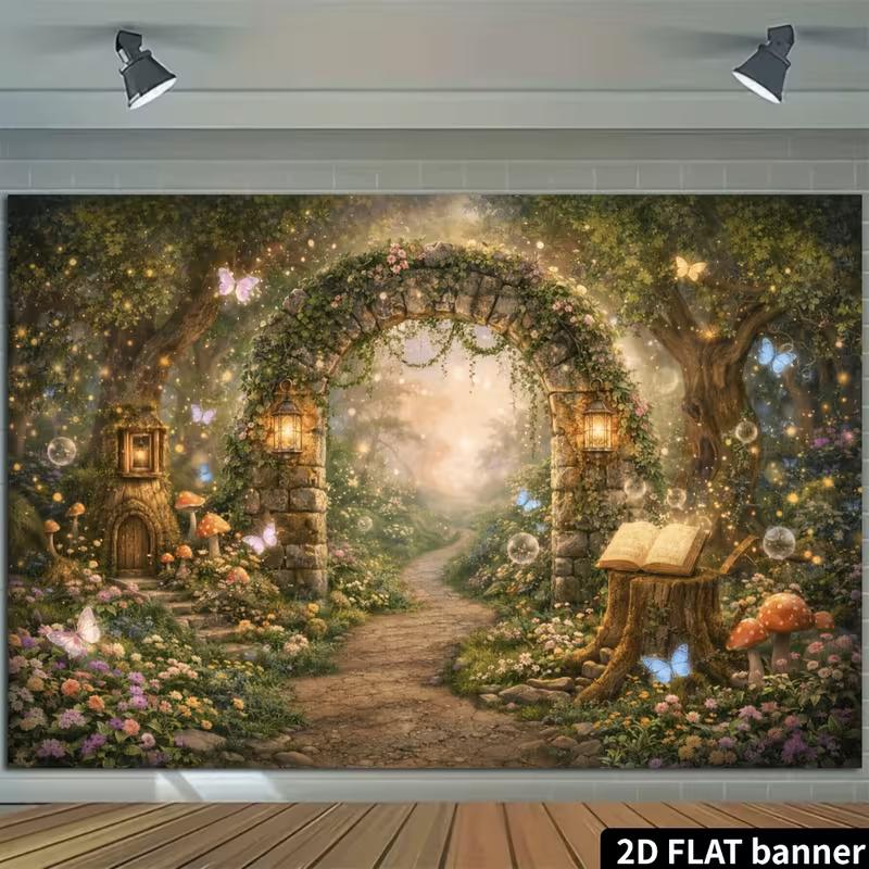 2D Whimsical Butterfly Forest Backdrop Photography Background