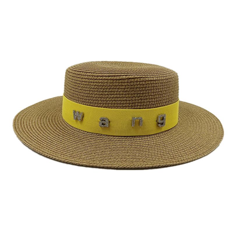 2022 new rhinestone RB letter flat top hat sunscreen black and white straw hat top hat holiday straw hat
