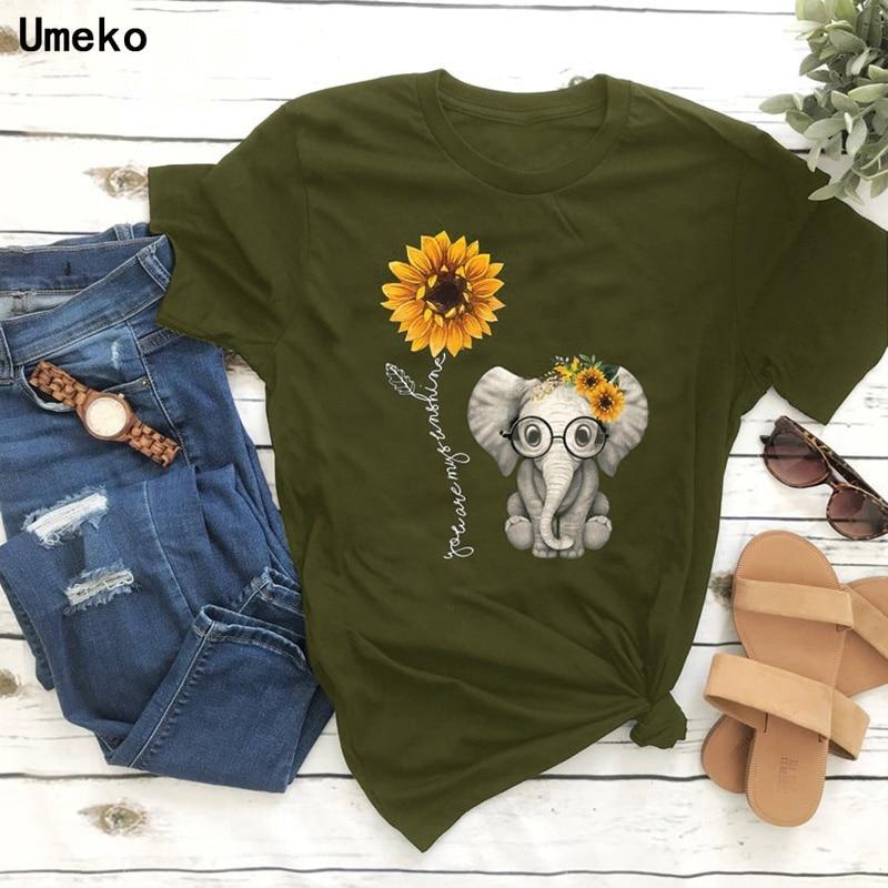 Women Summer T Shirt  Baby Elephant Print Retro Fashion Short Sleeve Tees Casual   Printed  Tops