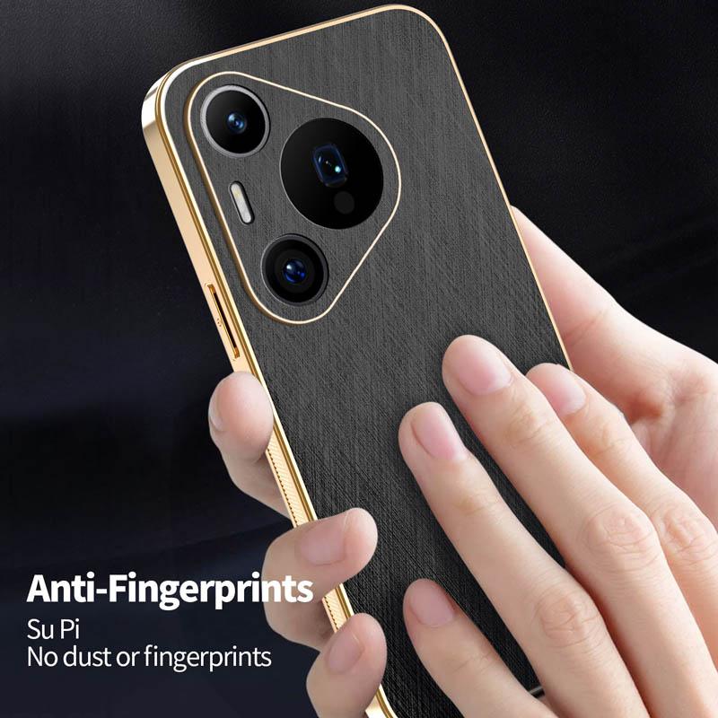 Stripe Thread Texture Leather Back Plating Case For Huawei Pura 80 70 Ultra Pro + Anti Fingerprint Slide Camera Protector Shell
