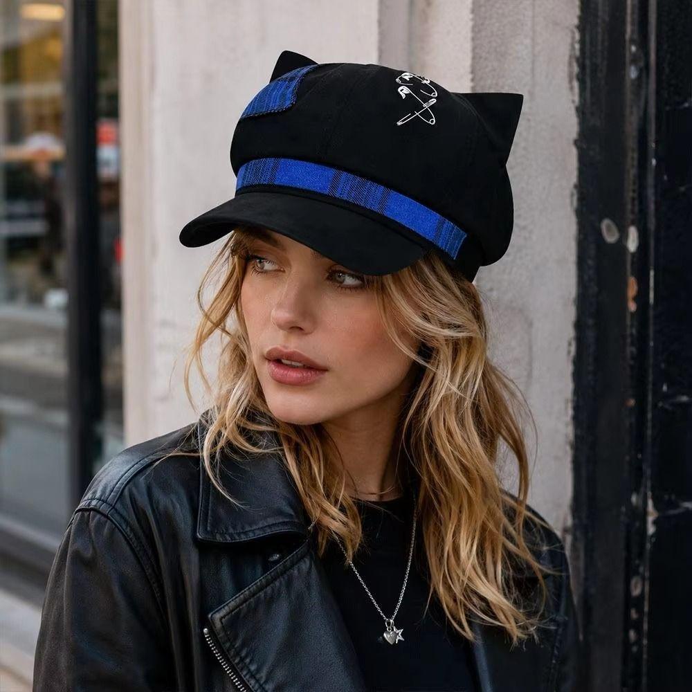 Y2K Plaid Octagonal Hat Irregular Painter Artist Cap Fashion Cat Ears Beret Hat Travel