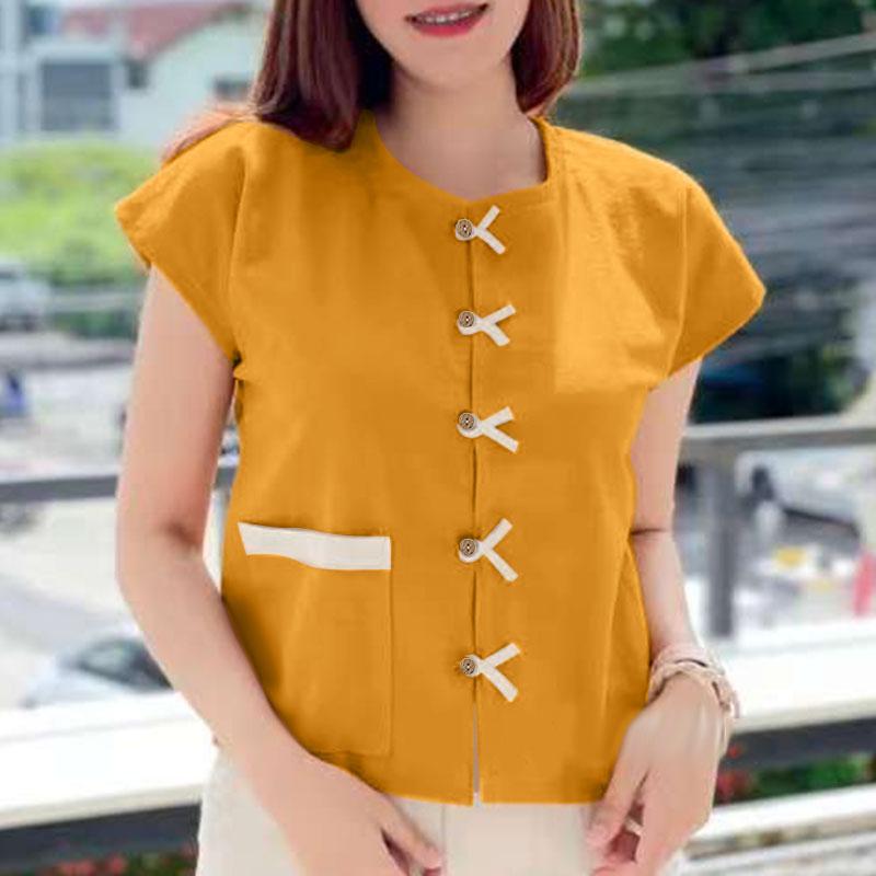 ZANZEA Kvinner Casual Rund Hals Sommer Kort Erm Bluse