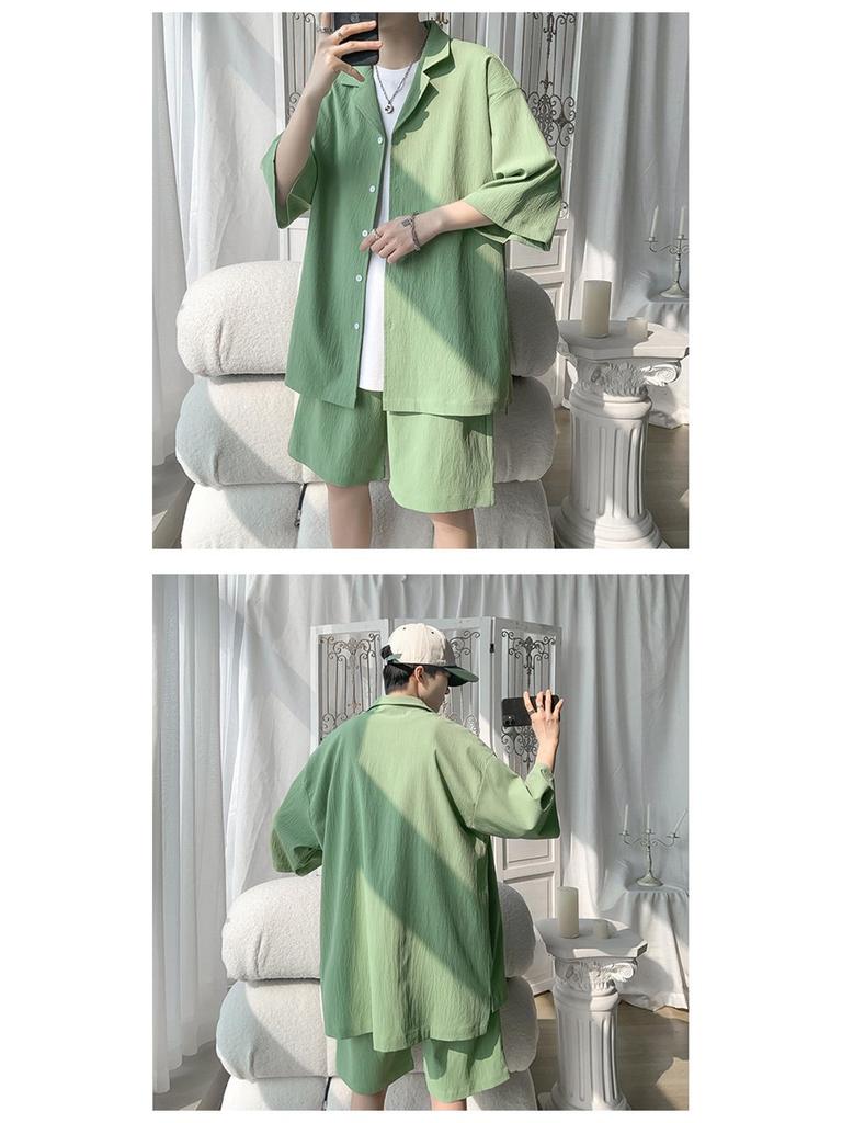 Men's Hong Kong Style Casual Short Sleeve Shirt & Loose Sports Shorts Two-Piece Set