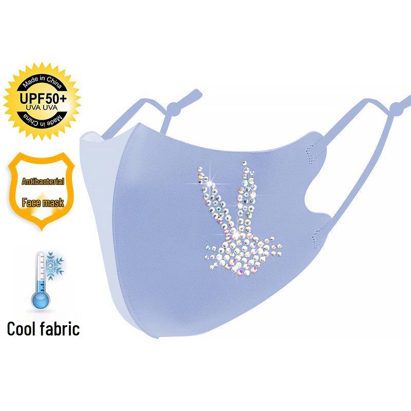 

Цветная маска для лица из ледяного шелка со стразами в виде кролика - Многоразовая, пылезащитная защита для женщин One Size