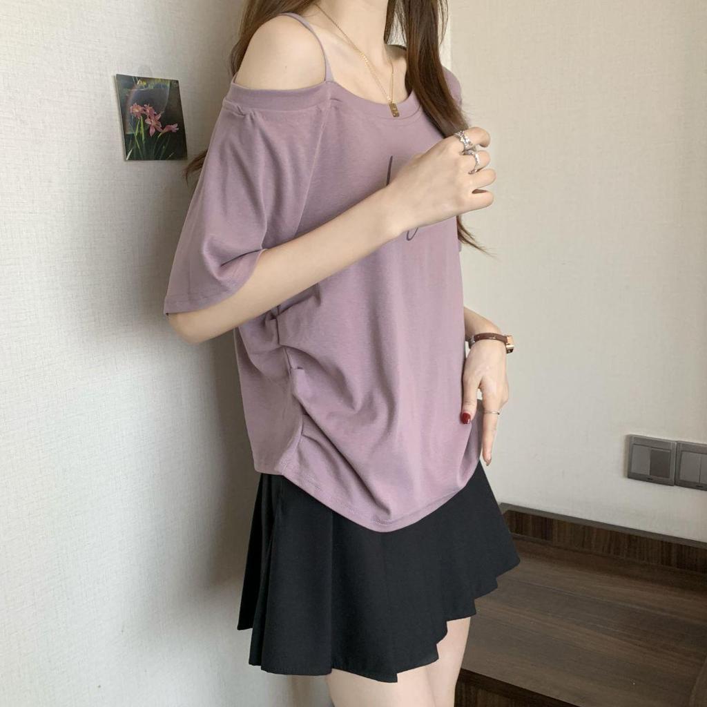 2025 Spring/Summer Plus Size Off-Shoulder Letter Print T-shirt - Women's Trendy Loose Slimming Fashion