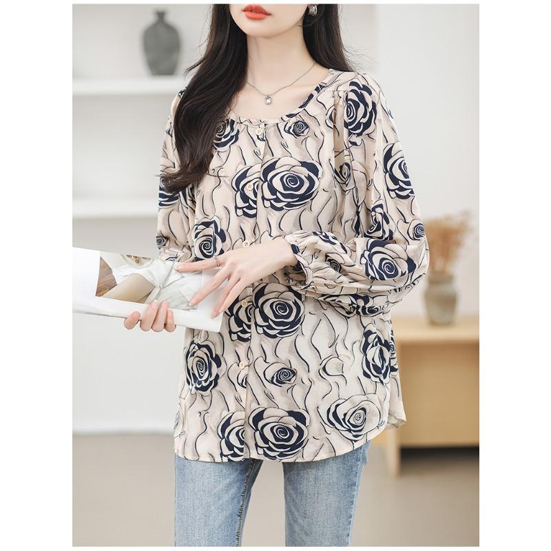 Spring Round Neck Print Floral Loose Blouse Women Elegant Casual Shirts Women Tops Plus Size Long Sleeve Vintage Button Up Office Ladies Shirt 26328