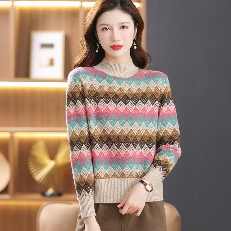 New Autumn Winter Fashion Rainbow Diamond Lattice Age-reducing Fashionable Thick Pullover Loose Half Turtleneck Knitted Sweater