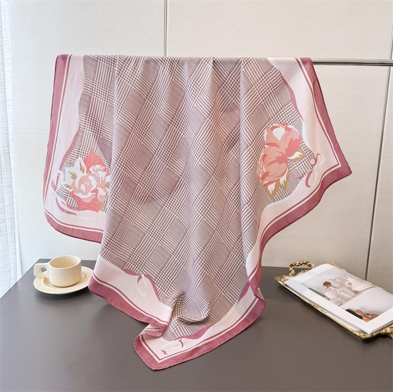 Small Fragrant Plaid Imitation Silk Large Square Scarf Retro Printing Shawl Neck Silk Scarf Herringbone Pattern Women'S Scarf Headscarf