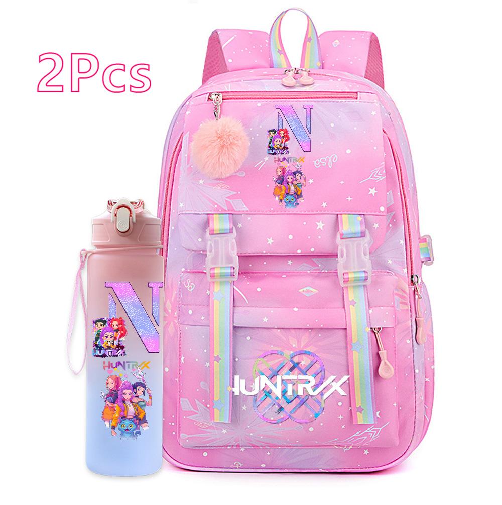 2 Stück/Set Ainme K-Pop Demon Hunters Rucksack mit englischem Buchstabenaufdruck mit Wasserflaschenhalter für Teenager Mädchen Jungen Schultasche Reisetasche