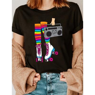 Vibrant Retro Roller Skating Print Summer T-shirt, Women's Short-sleeved Round Neck ,The Perfect Casual Summer Outfit