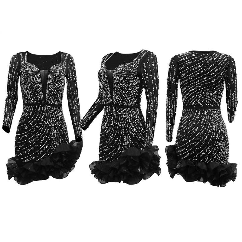 Dámské šaty s horkými kamínky, bublinkové korálky, módní dlouhý rukáv, čtvercový výstřih