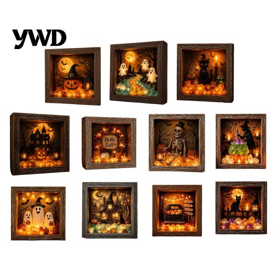 Gothic Bedroom Decor DIY Lighted Halloween Ghost Shadow Box Kit, Wooden Frame LED Warm Light, Style Interior Lighting Memory with Crystal Glass Panel,