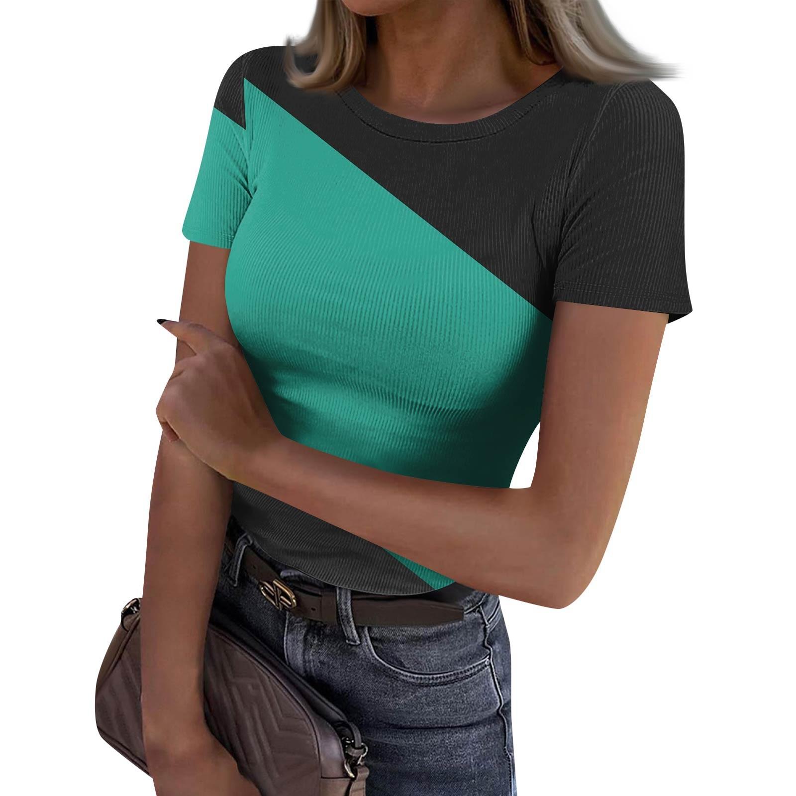 

Женская узкая футболка, модный повседневный свитер с круглым вырезом и коротким рукавом L циан