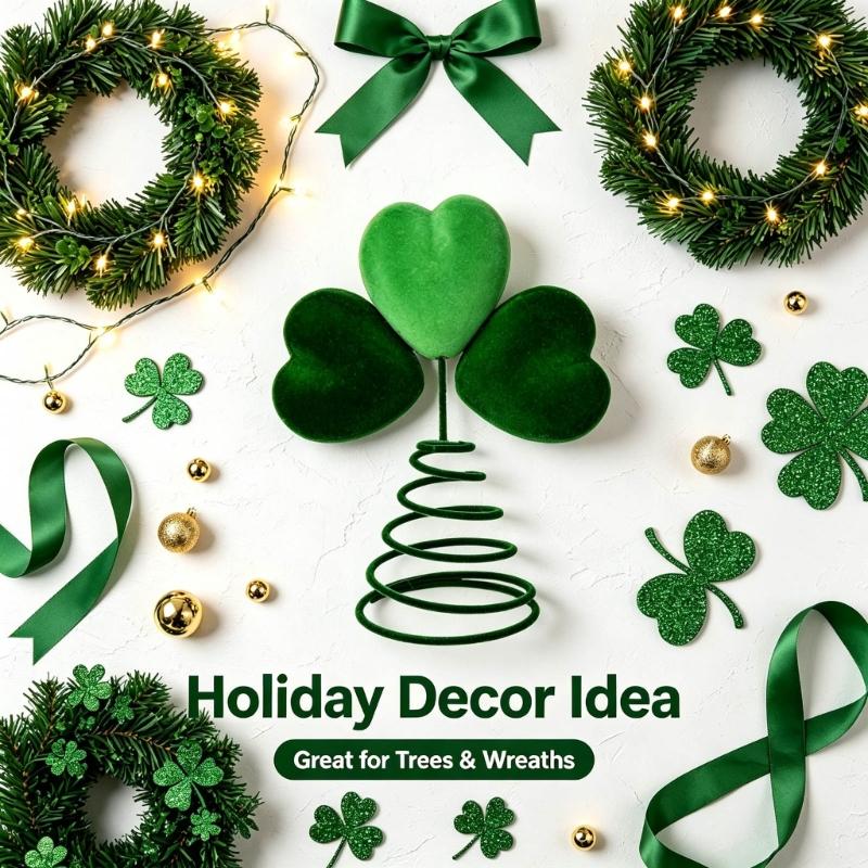 Soft Fabric Christmas Tree Top Ornament with Open Coil Base, Contrasting Green Leaves Styling, and Internal Iron Wire for Holiday Use