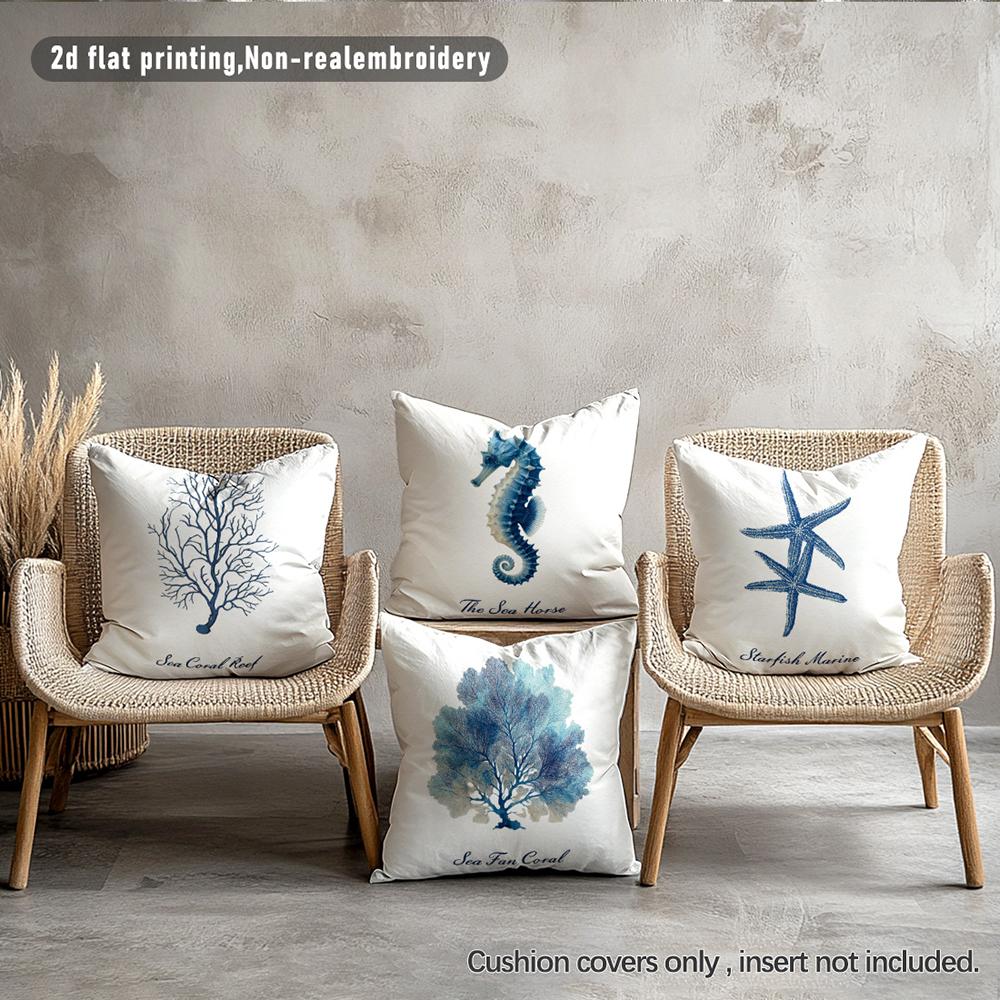 1/4pcs 2D Flat- Coastal Blue Seahorse Throw Pillow Cover, Nautical Themed Home Decor Cushion Case Home decoration cushion cover