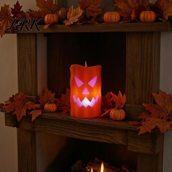 Outdoor Halloween Decoration Light Flameless Candle with LED Light, Ghost Face Pumpkin Skull Design Melted Wax Effect Safe Battery Operated Indoor for