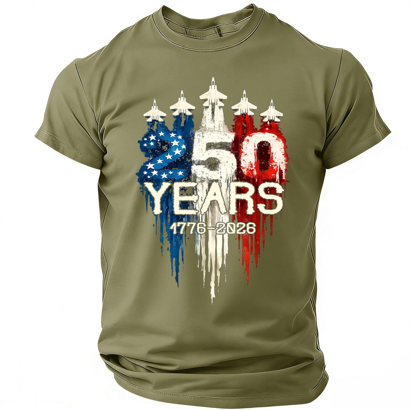 

Men’s Crew Neck Short Sleeve T-Shirt with 250 Years 1776-2026 Graphic Print and Jet Design for Casual Wear L армия зеленый