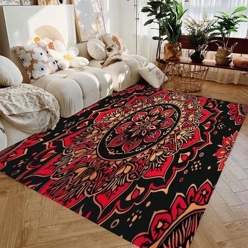 Non-Slip Vintage Mandala Area Mat Bohemian Style Polyester Rug for Living Room Bedroom Entryway Vibrant Home Decoration Carpet
