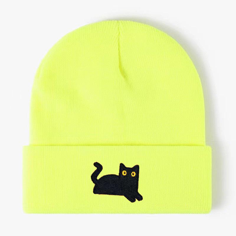 Stretchy And Lightweight Knit Beanies Embroidered Black Cat Knit Hat For Women Men Winter Warm