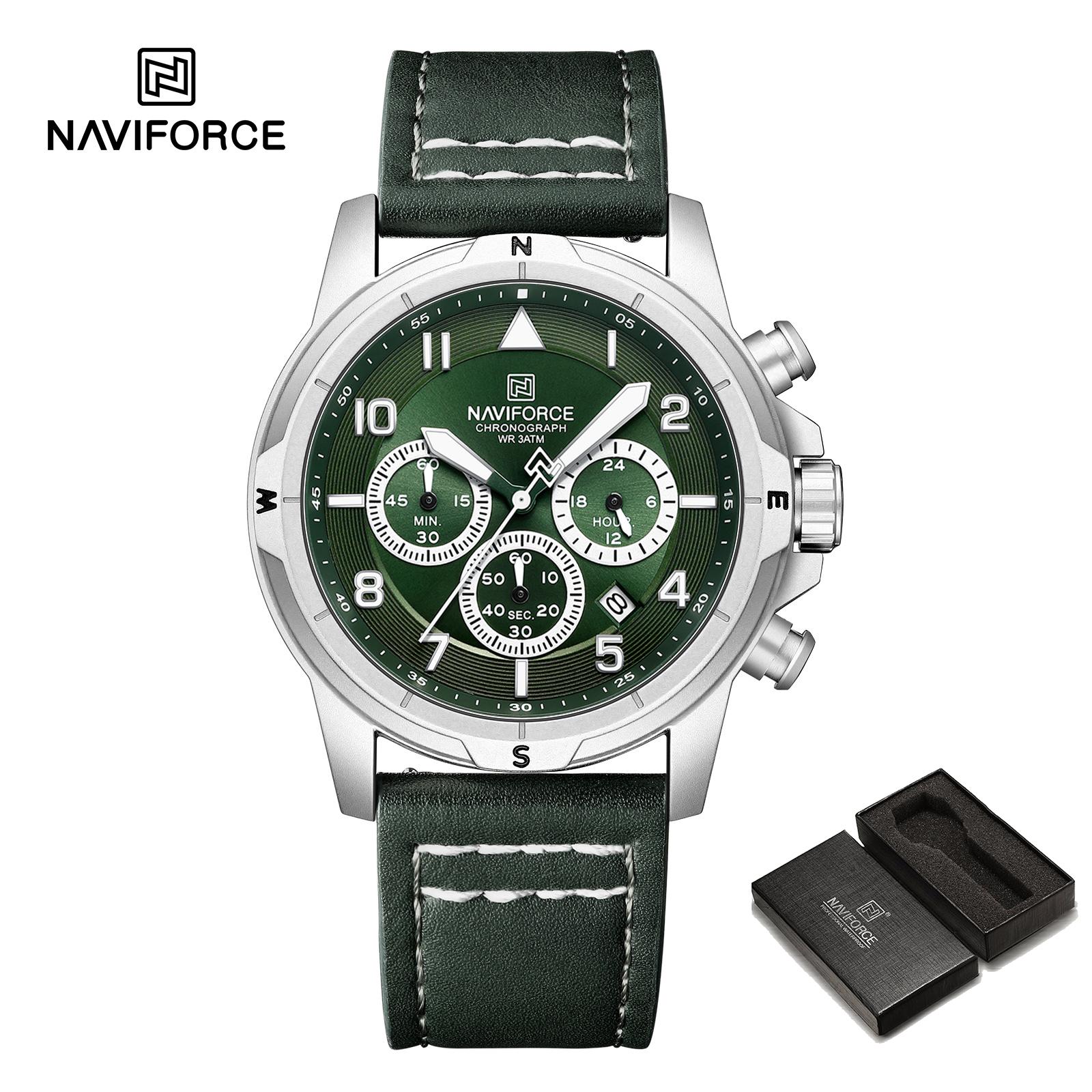 

NAVIFORCE Original Men Quartz Watch Chronograph Mini Dial Calendar Date Leather Strap Luminous Hands 30m Waterproof Men Watch Gift NF8077 серебряный/зелёный