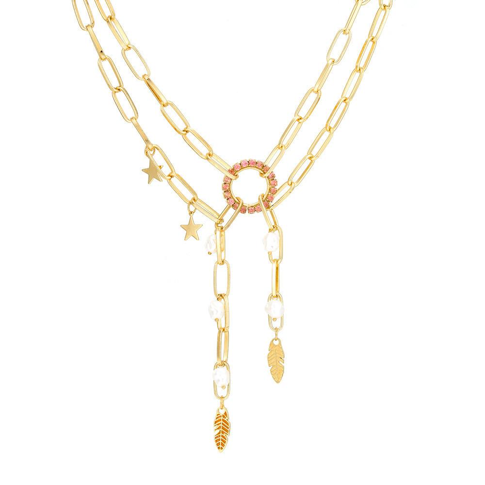 Elegant Gold Geometric Layered Necklace With Unique Leaf Pearl Pendant For Women
