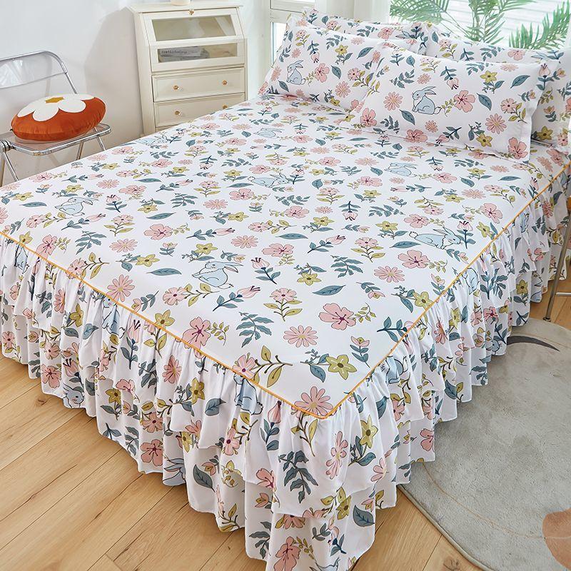 Floral Pattern Bed Skirt Set Mattress Anti Slip Protective Cover for Household Bedding Double Layered Skirt Dustproof Bed Cover