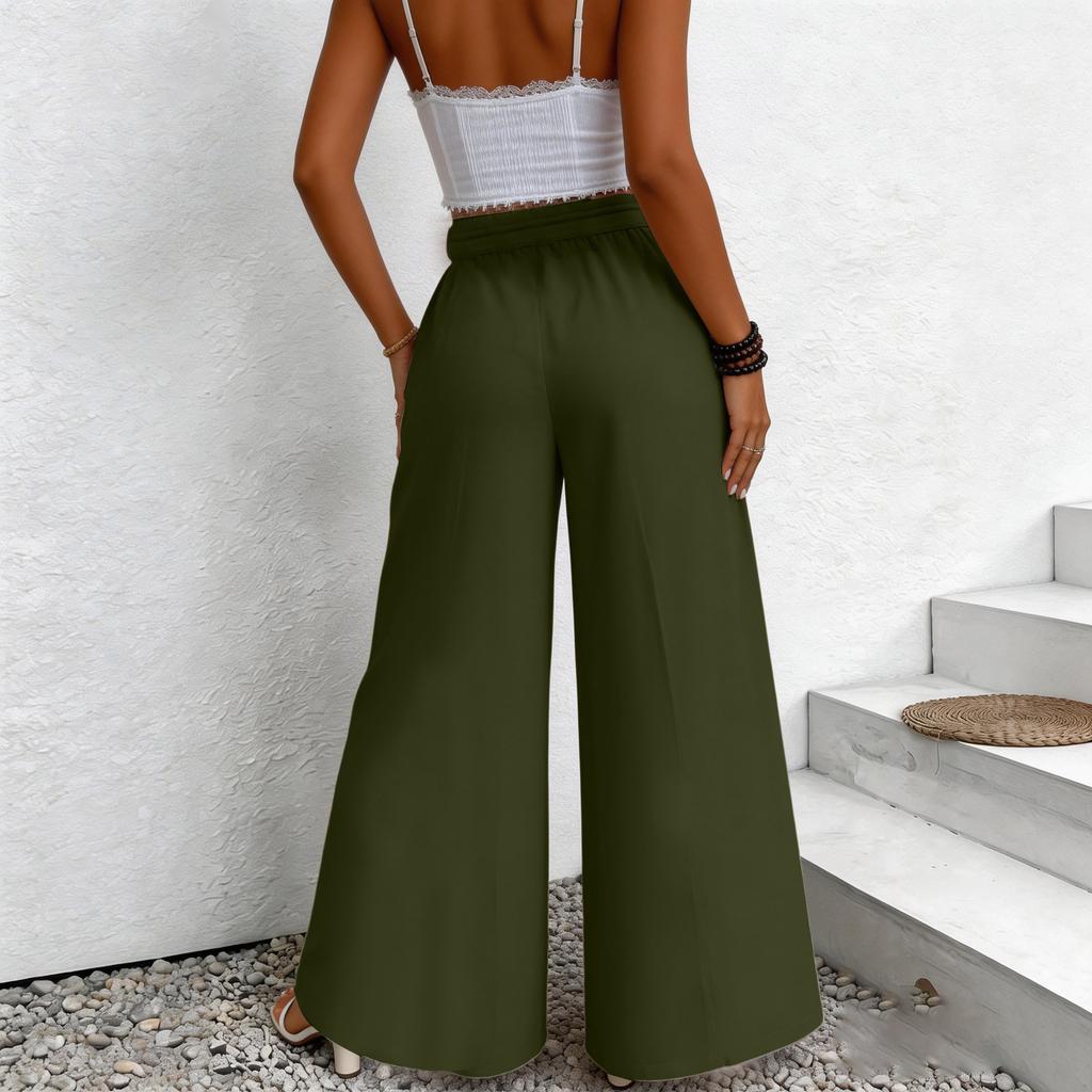 Women's -Color Casual High-Waisted Wide-Leg Trousers With Drawstring