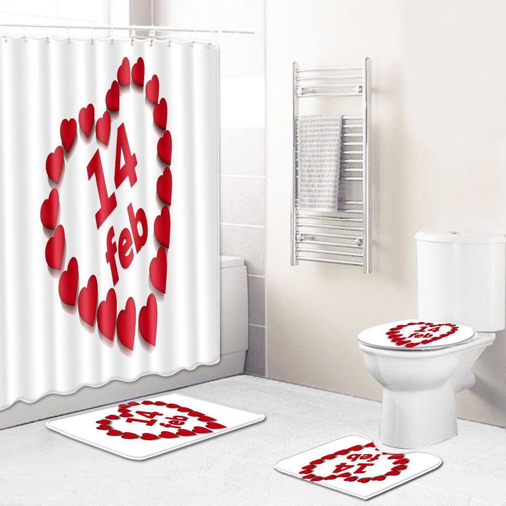 Love Valentine'S Day Shower Curtain Floor Mat Four-Piece Set Bathroom Non-Slip Door Mat Bedroom Carpet