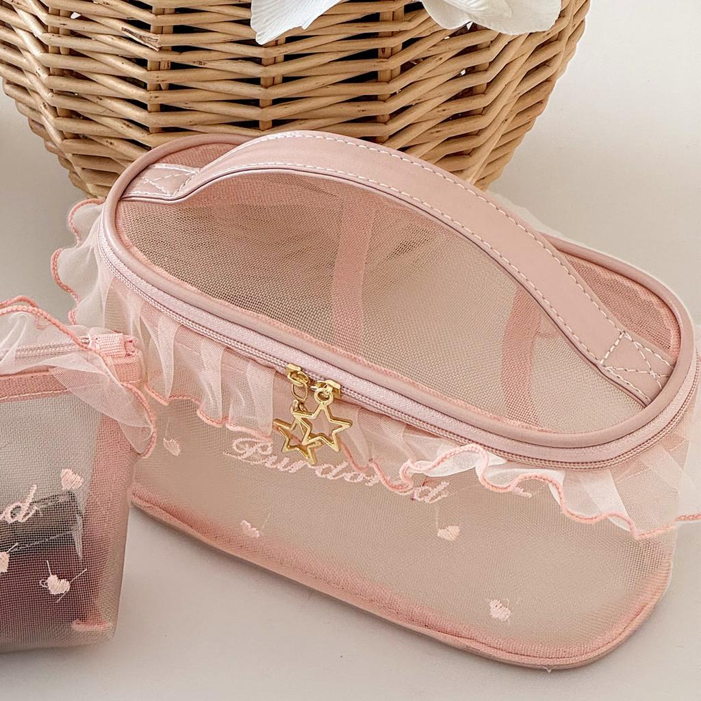 Stylish Ocean Blue Mesh Cosmetic Bag For Girls With Embroidery And Breathable Design
