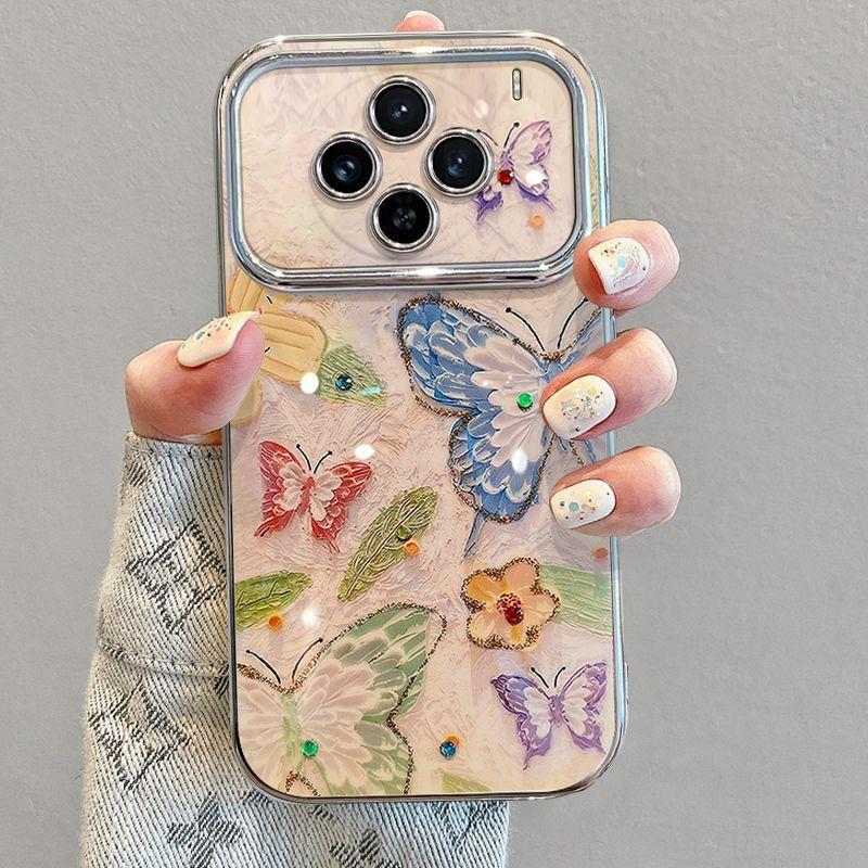 Vivo X100s Phone Case With Strap Oil Painting Butterfly Design Full Cover Soft Silicone Anti-Drop Women Girls vivo X100